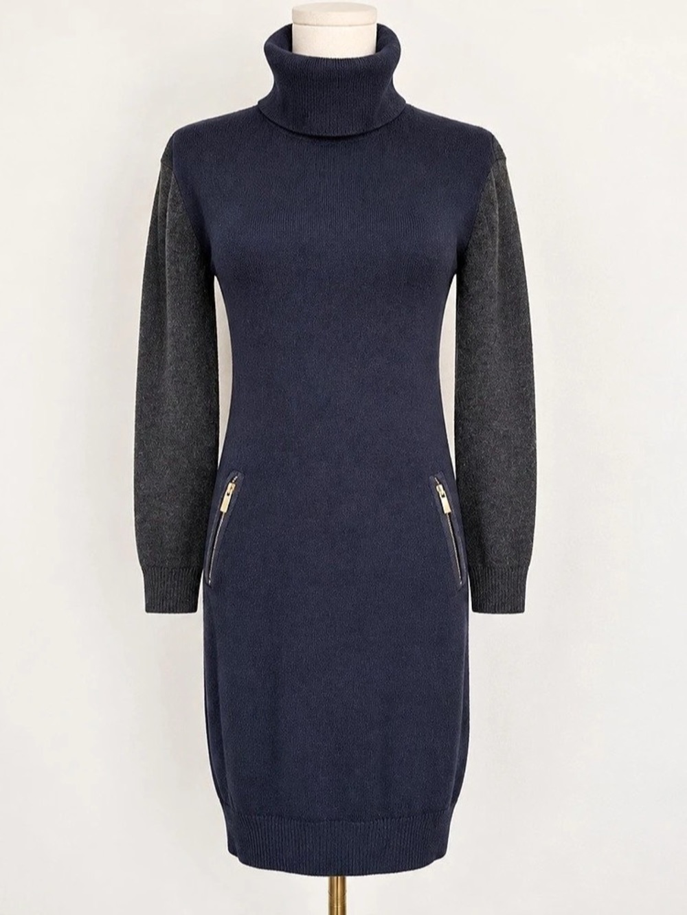 Ann Taylor Petite XS Colorblock Turtleneck Sweater Dress Zip Pockets Black Gray